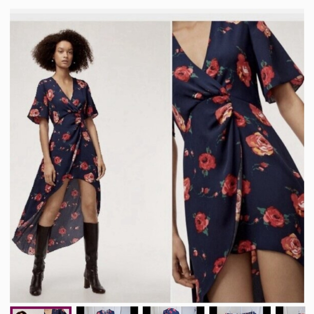 Aritzia Babaton Jedd Navy Wrap Dress with Rose Design
